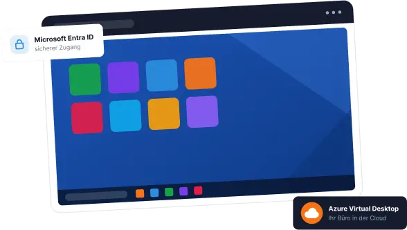 Eine Illustration, die einen Computer-Bildschirm mit Microsoft Entra ID und Azure Virtual Desktop zeigt